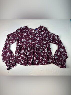 Aeropostale Burgundy Floral Sheet Blouse Top Peplum Long Bell Sleeve
